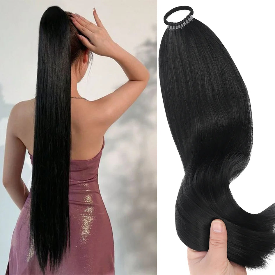 A close-up of a long, straight black hair extension wig being held by a hand.