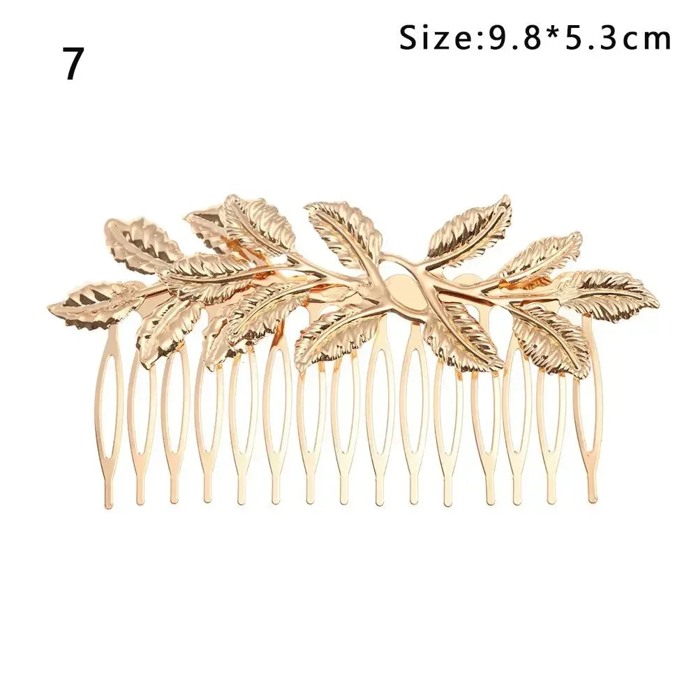 Gold leaf headband featuring delicate leaves and thin hairpins for bridal or party accessories.