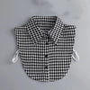 Black and white houndstooth blouse with a false collar and detachable neckline