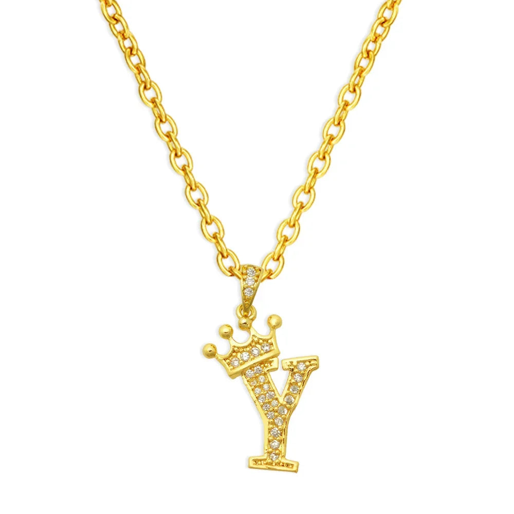 Gold initial Y crown pendant necklace with a delicate chain