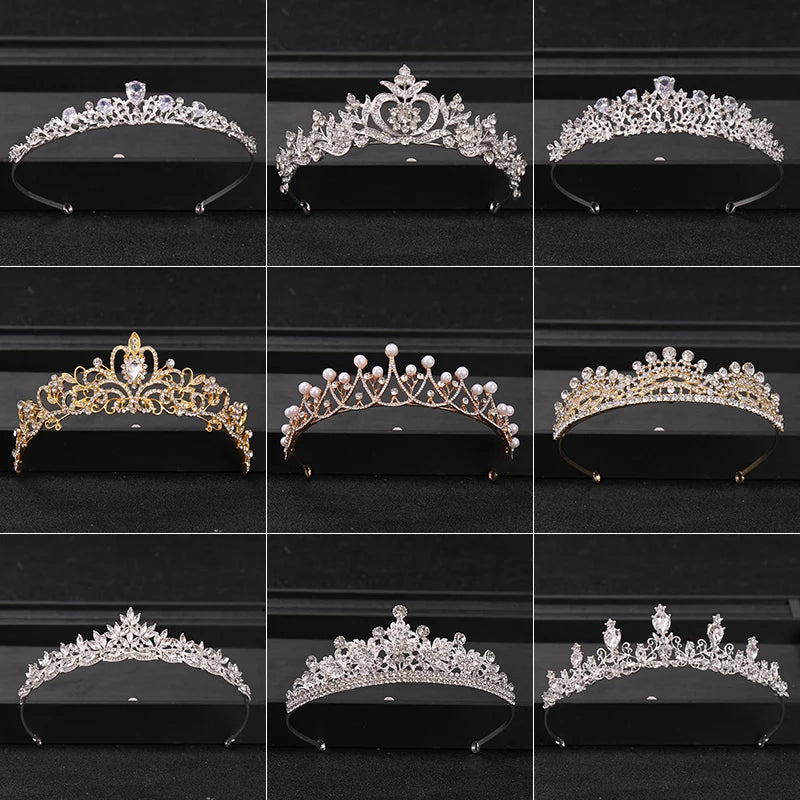 A collection of various bridal tiara headpieces featuring crystal and rhinestone embellishments.