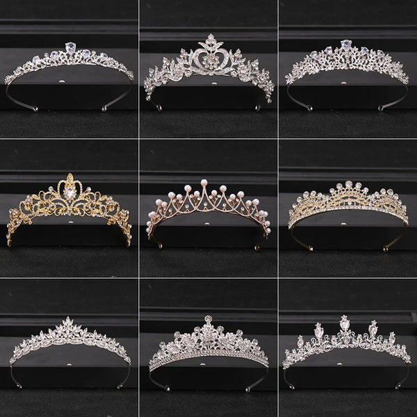 A collection of various bridal tiara headpieces featuring crystal and rhinestone embellishments.