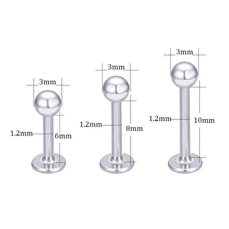 Stainless steel labret lip rings shown with various sizes and dimensions.