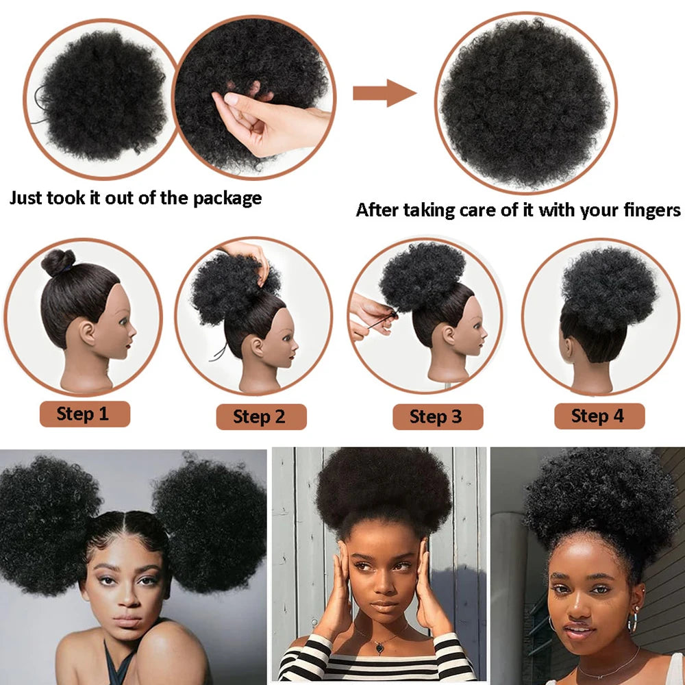 Step-by-step guide showing how to prepare and style an Afro Puff Drawstring Ponytail hairstyle.