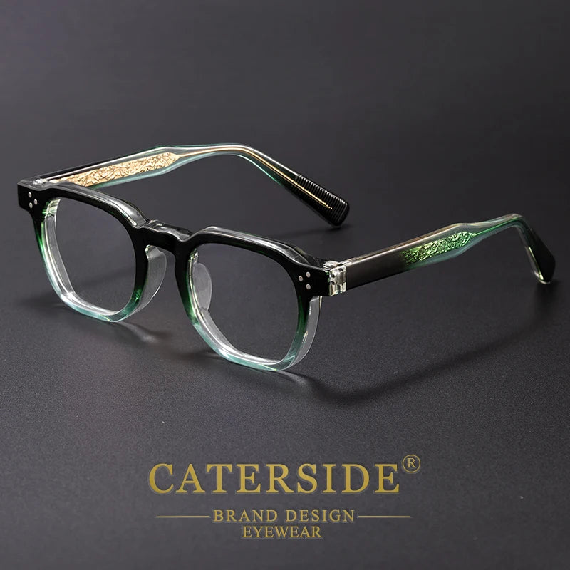 A pair of black retro square anti-blue light eyewear with green accents resting on a dark surface.