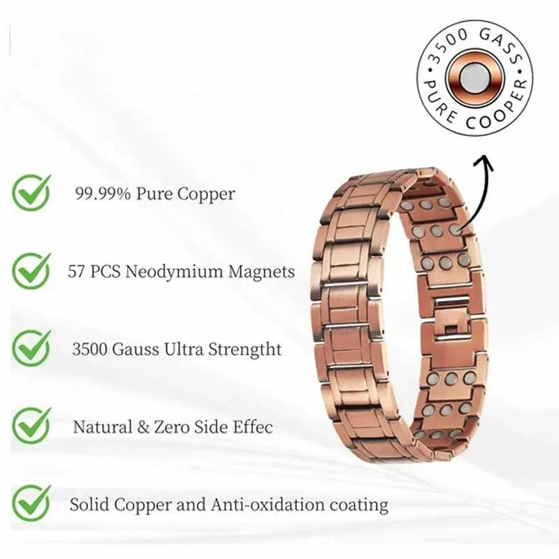 A close-up view of a rose gold copper magnetic bracelet set with a textured band and magnetic components.