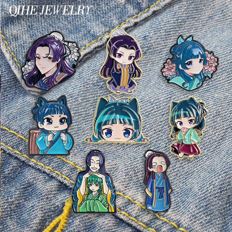 A collection of cute anime character brooches and lapel pins featuring various characters with purple, blue, and green hair a
