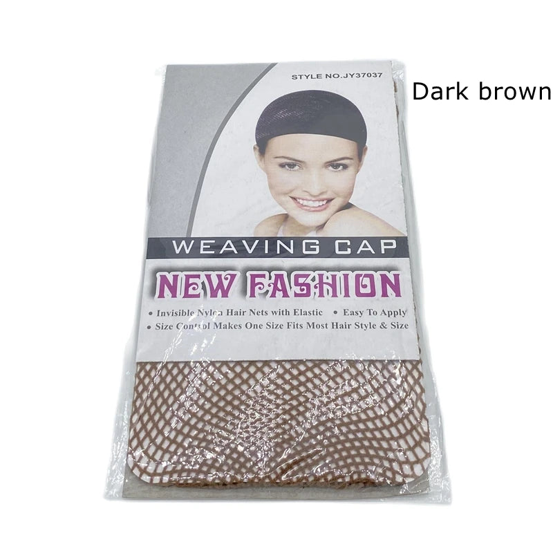 Dark brown weaving cap product packaging showing a black wig cap and a brown net for hair