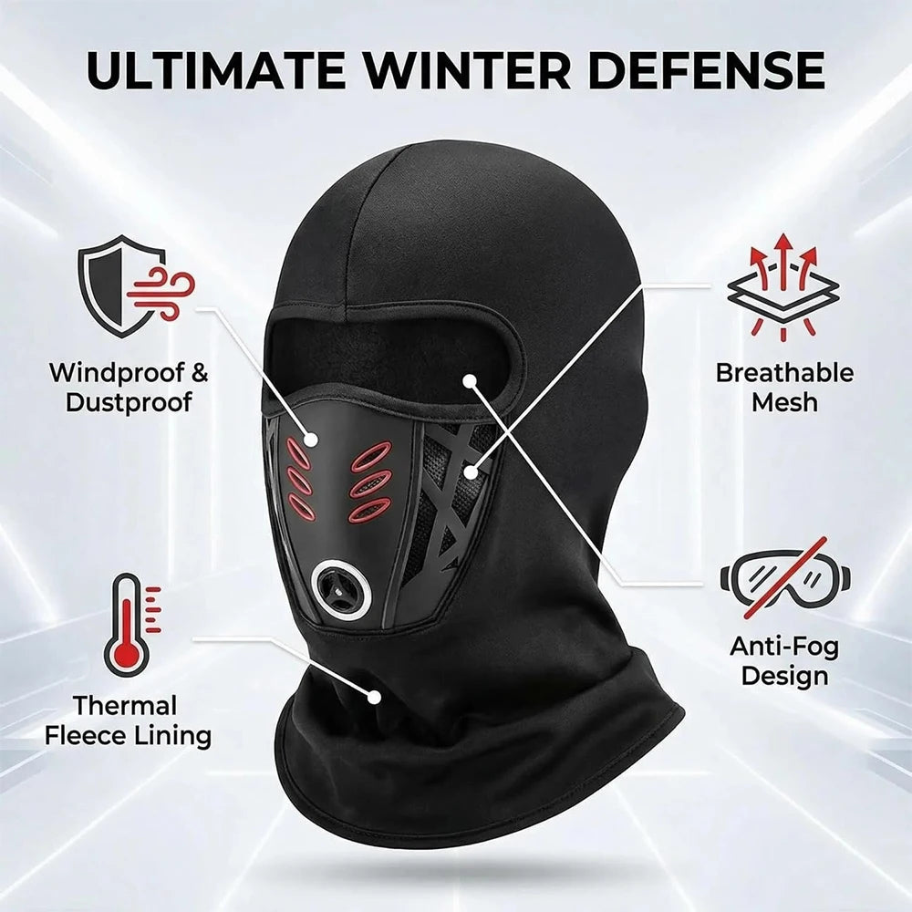 Black balaclava face mask with features like windproof mesh and anti-fog design for winter defense