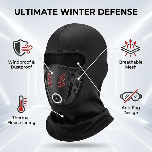 Black balaclava face mask with features like windproof mesh and anti-fog design for winter defense