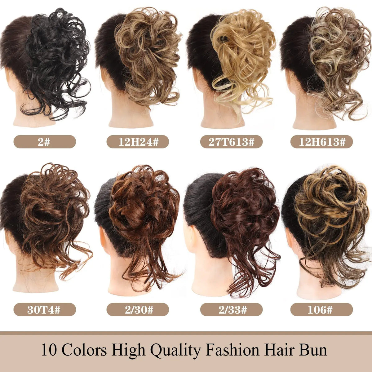 A collection of ten high quality fashion hair buns in various shades and textures shown from the back.