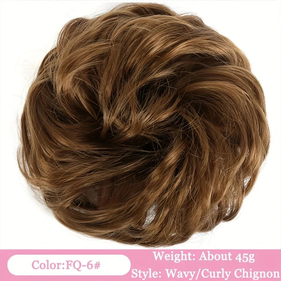 Braune gewellte lockige Chignon-Frisur mit synthetischen Haarbändchen