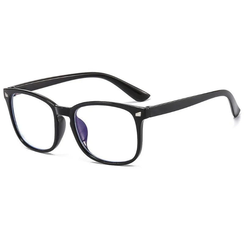 Vintage square anti-blue light eyeglasses with black frames and purple accents