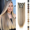Long straight blonde hair extensions with dark accents shown on a model's head