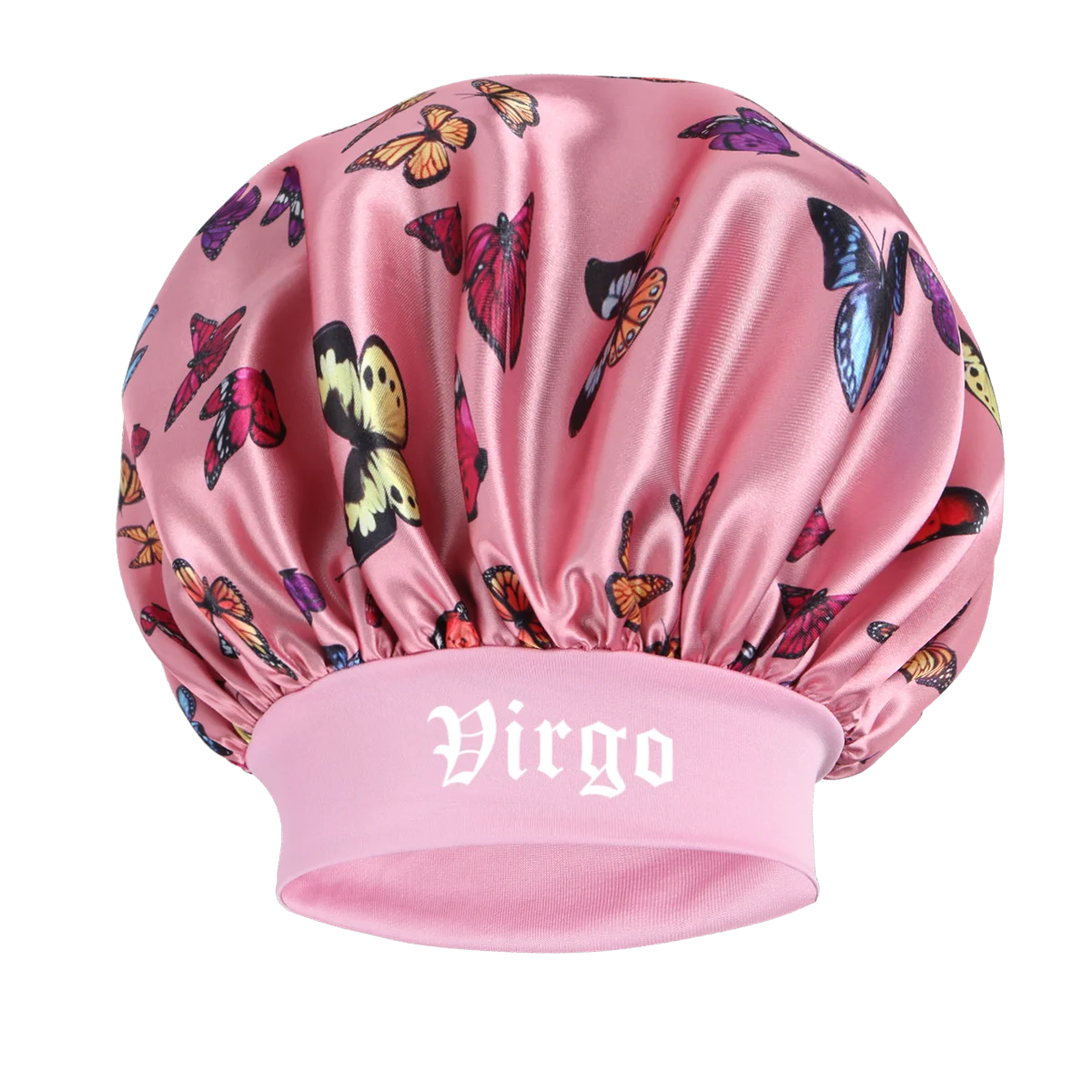 Pink butterfly satin sleep bonnet and headband set with a Virgo design
