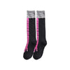 Pair of black socks with a gray textured cuff and pink vertical stripes.