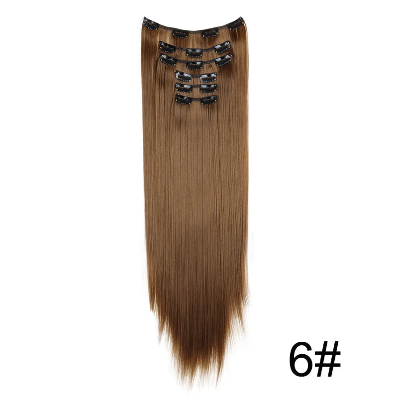 A bundle of long straight brown hair extensions with decorative black clips.