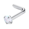 Surgical stainless steel nose piercing studs with a curved bar and a pearlescent stone.