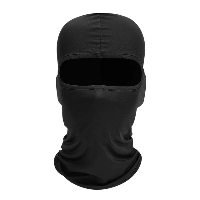 Black tactical full face balaclava covering the head and neck
