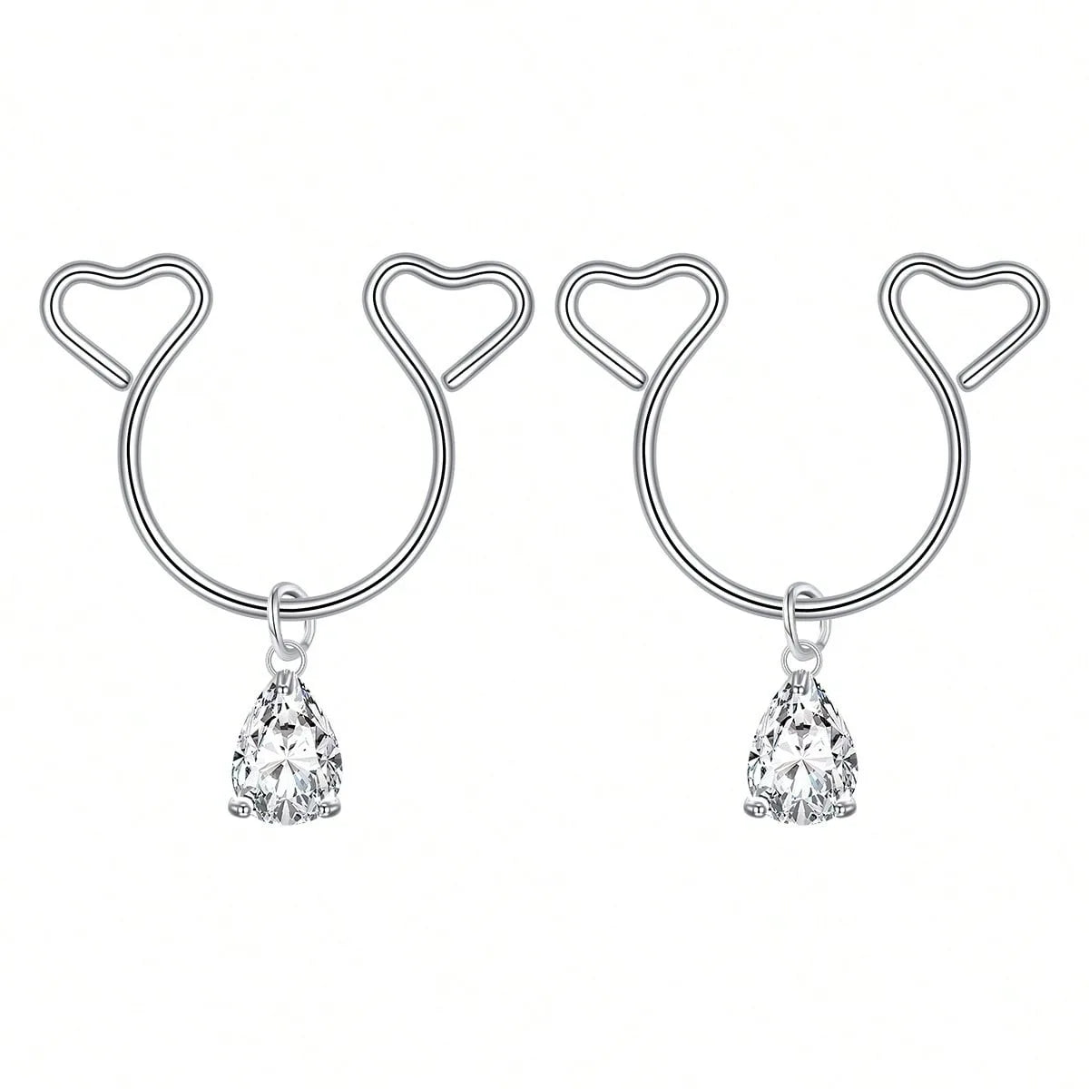A pair of silver heart dangle non-piercing nipple rings adorned with cubic zirconia stones.