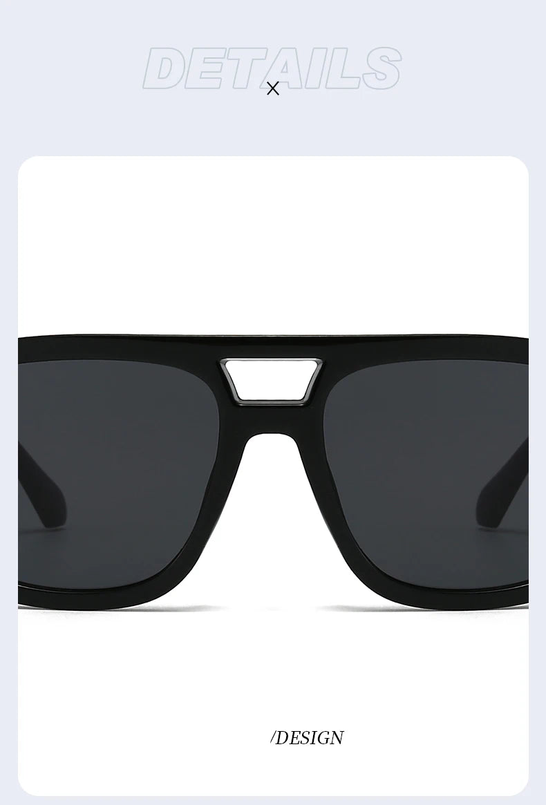 Lunettes de soleil carrées vintage noires avec double pont argenté sur fond blanc.