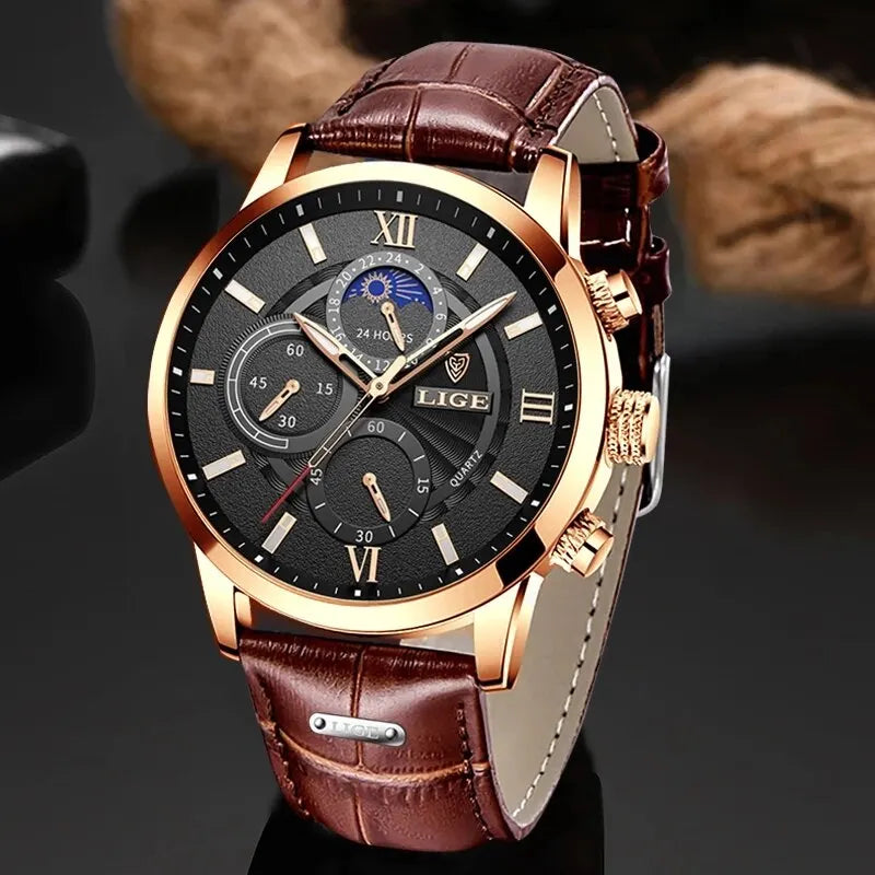 A brown leather men's quartz watch with a gold-toned case and chronograph features Roman numerals on the face.