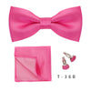 A pink satin bow tie and matching cufflink set displayed against a white background.