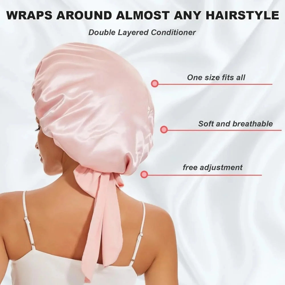 Pink satin wide-brimmed hair wrap headscarf being worn on a person's head