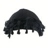 Black turban head wrap made of stretch modal and satin fabric with fringe details.