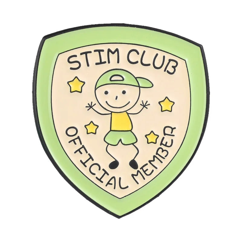 A light green enamel pin shaped like a shield with the text STIM CLUB OFFICIAL MEMBER and a smiling yellow character.
