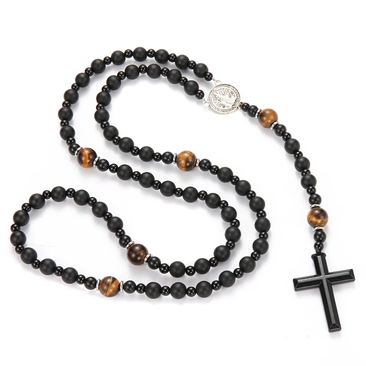 Black obsidian and tiger's eye beads on a string with a silver cross pendant necklace