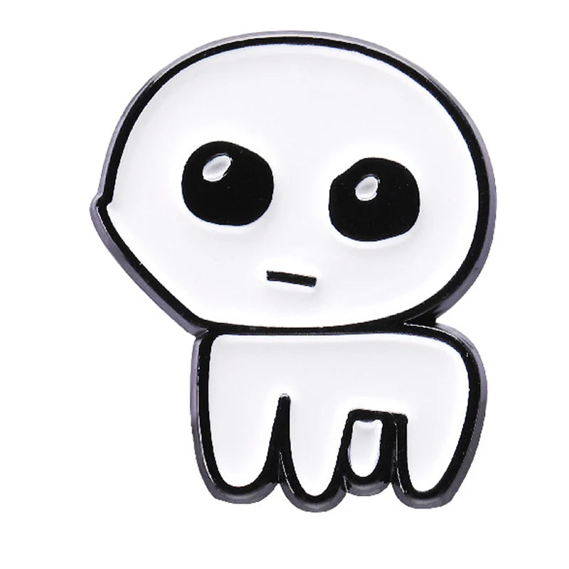 A white enamel lapel pin shaped like a stylized, simple alien head.
