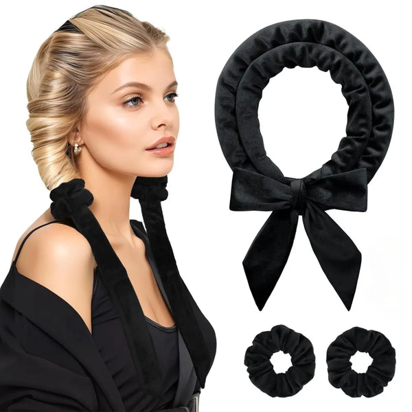 Black heatless overnight hair curler headband shown on a model and separate components.