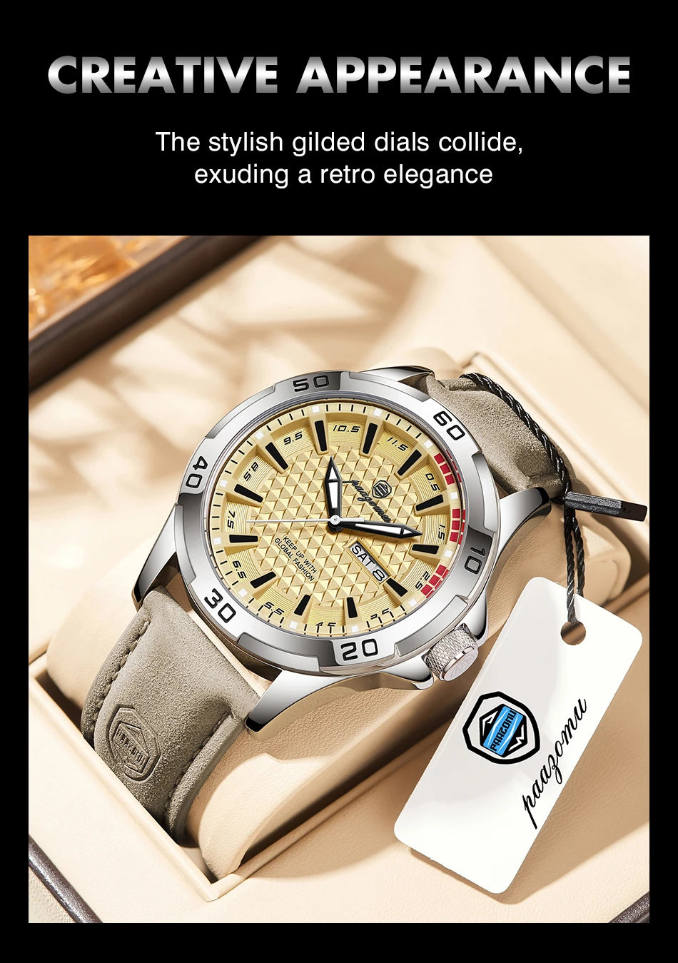 A silver watch with gold dials and luminous features is displayed in a wooden box.