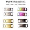 Four pairs of silver, gold, gun color, and laser combination diamond shoe charms and laces.