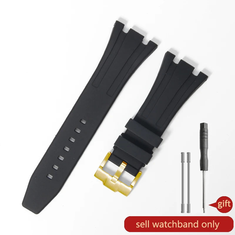 Black sporty silicone watch band with a gold buckle and a black leather strap shown on a white background.