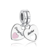 A pair of silver heart-shaped charms engraved with Daughter and Mother