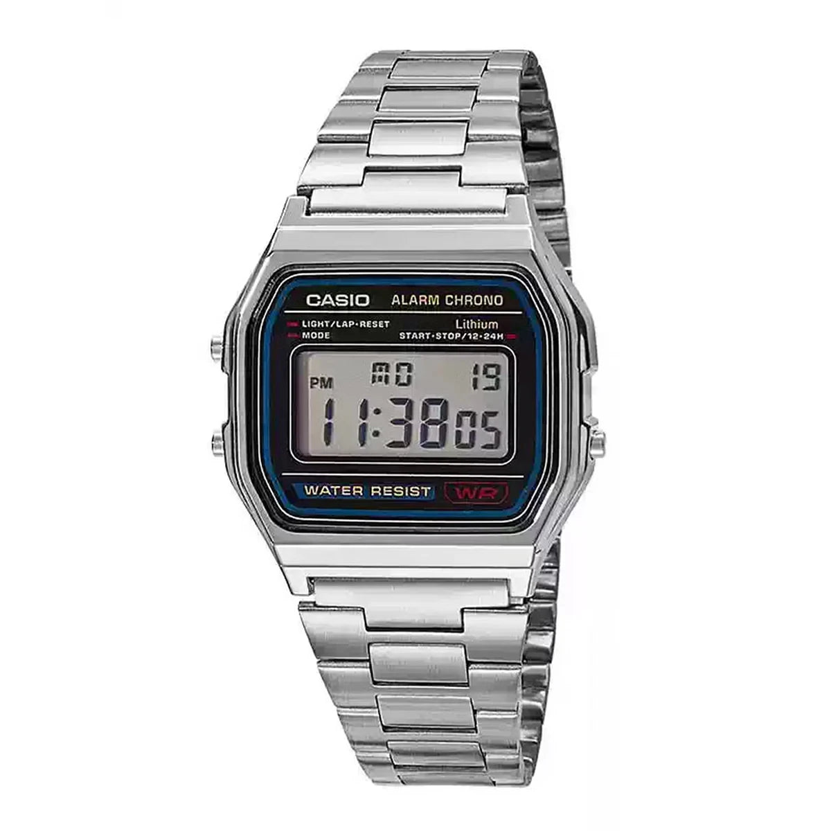 A silver Casio Alarm Chrono digital wristwatch with a metal bracelet and dark face.