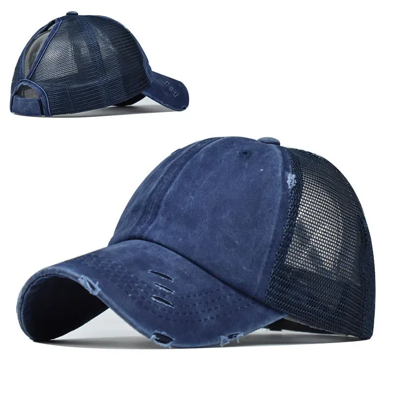 A dark blue vintage mesh baseball cap shown in two views.