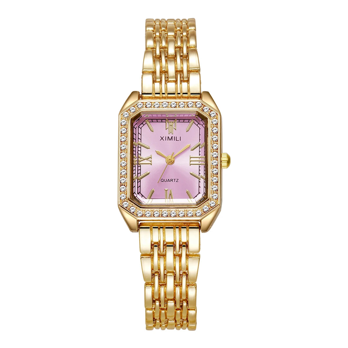 Reloj de cuarzo dorado con esfera lavanda y detalles de strass en bisel y pulsera.