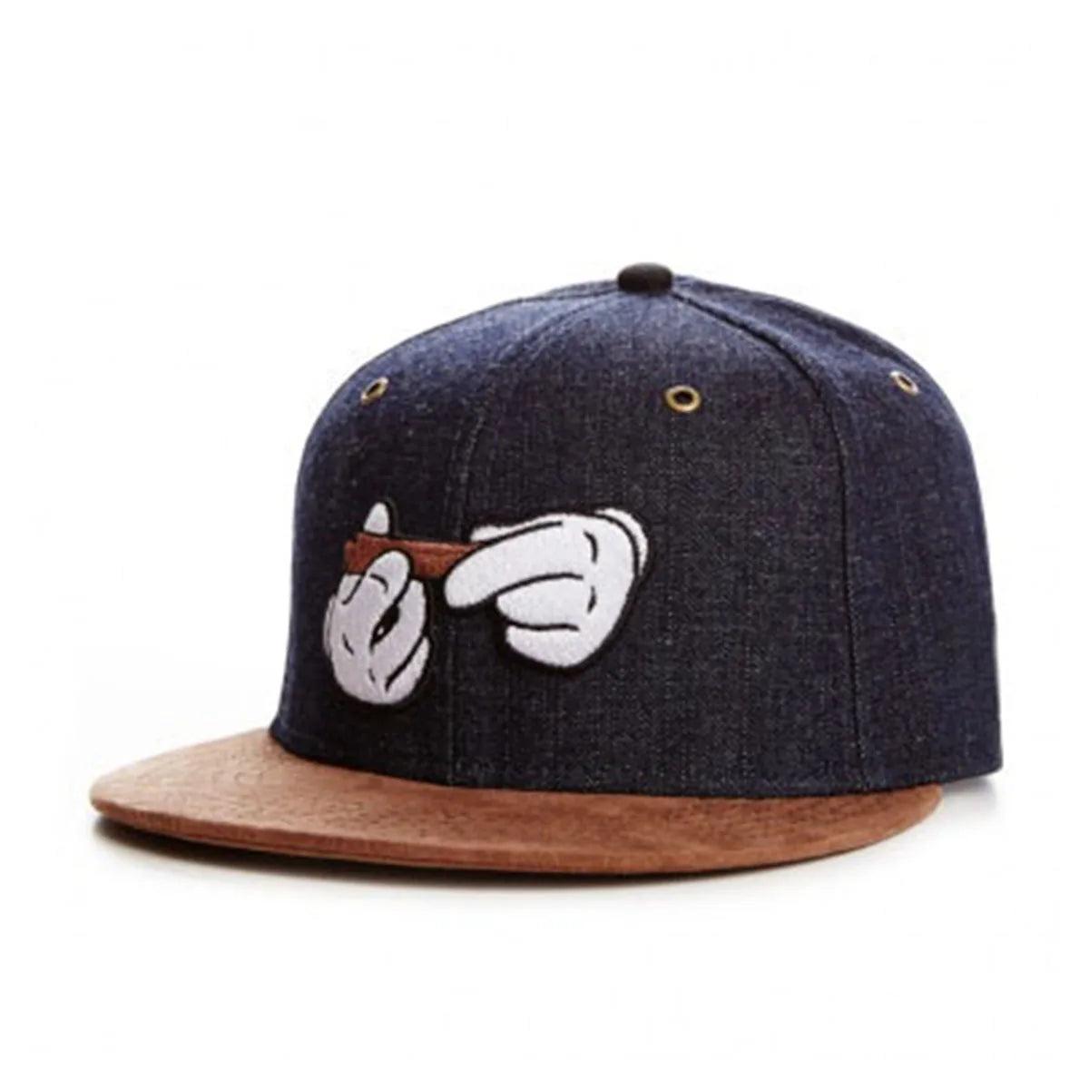 Dark blue denim snapback cap with a white hand gesture embroidered on the front