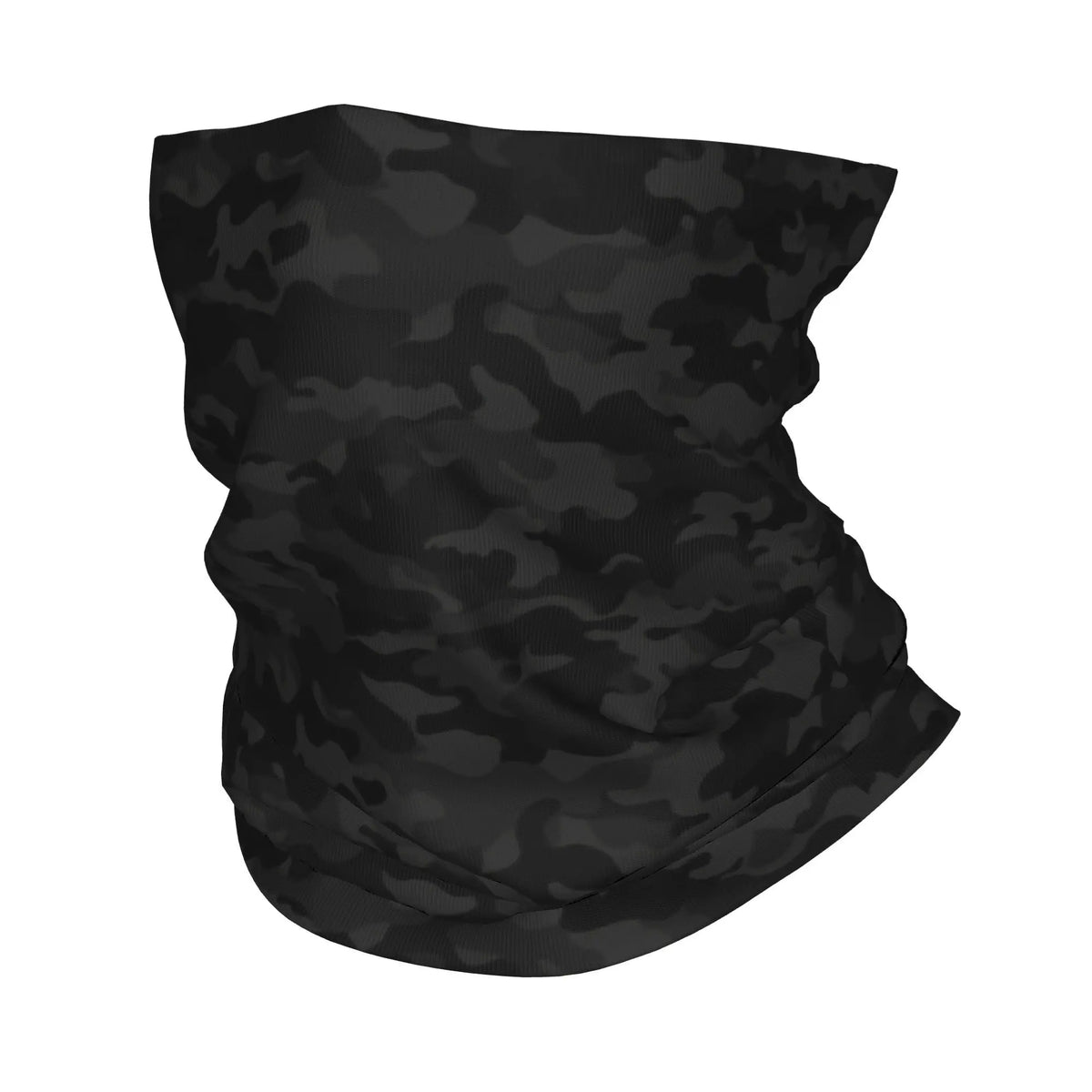 Una bufanda de cuello de camuflaje negra mostrada plana.