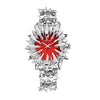 Silver quartz wristwatch featuring a dragon scale design on the bezel and case with a red dial