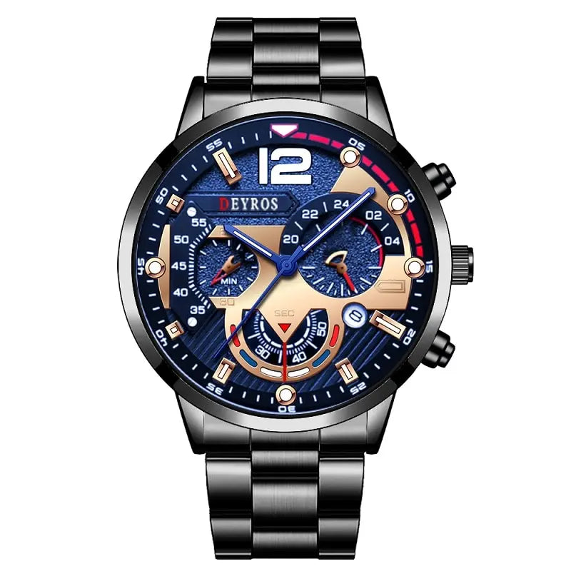 A close-up of a men's stainless steel quartz watch with a dark blue dial and black bracelet.