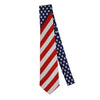 A classic American flag striped silk necktie featuring red and white stripes and a blue field with white stars.