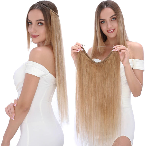 A woman models long, straight blonde hair extensions with invisible wire for a beauty product.