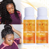 Two bottles of lace melting spray are shown next to a woman with curly hair applying the product.