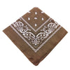A square brown cotton bandana scarf with white paisley and geometric patterns.