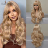 Sandy blonde golden wavy cosplay wig with long bangs shown in various angles