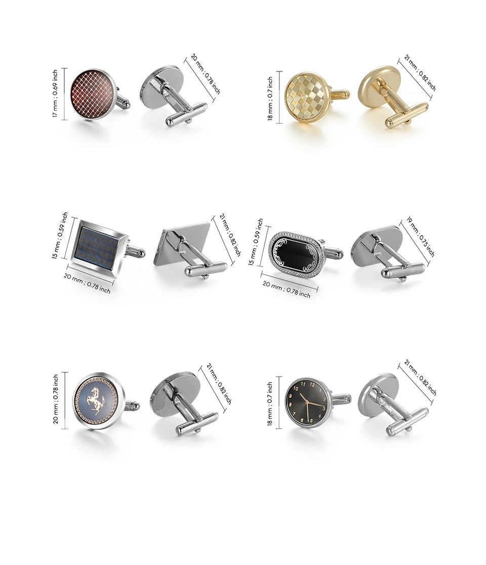 A collection of elegant copper cufflinks and lapel pins shown with various angles and sizes.